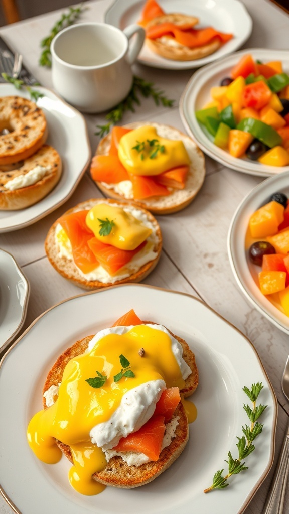 A delicious New York brunch with bagels, smoked salmon, eggs benedict, and fruit salad on a beautifully arranged table.